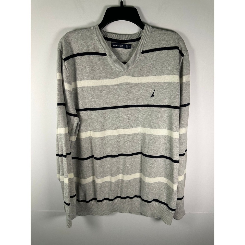 Nautica Sweater Mens L V Neck Gray Navy Striped Sail Logo Cotton Blend Classic